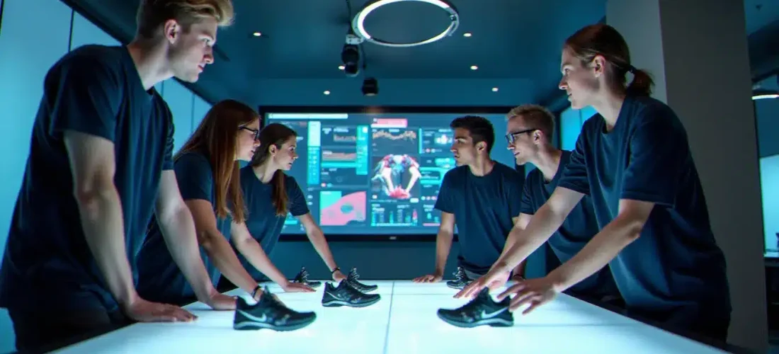 Équipe tech pluridisciplinaire analysant des données de performance sportive dans un laboratoire d'innovation lors du prix tech Nike 2025