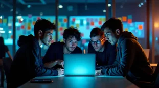 Équipe de développeurs concentrés lors d'un hackathon tech nocturne, travaillant sur un prototype pour décrocher le prix tech Nike