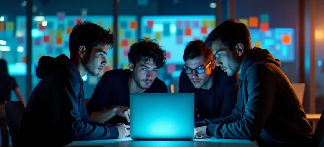 Équipe de développeurs concentrés lors d'un hackathon tech nocturne, travaillant sur un prototype pour décrocher le prix tech Nike