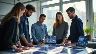 Équipe pluridisciplinaire travaillant sur un prototype de solution solaire dans un lab parisien, contexte du prix tech solar refresh