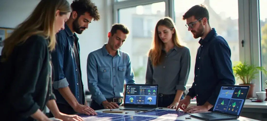 Équipe pluridisciplinaire travaillant sur un prototype de solution solaire dans un lab parisien, contexte du prix tech solar refresh