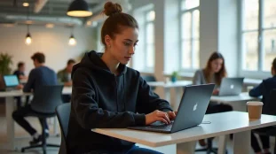 Participante portant un pull Nike Tech avec capuche noir lors d'une session de travail intensif dans un espace de coworking parisien