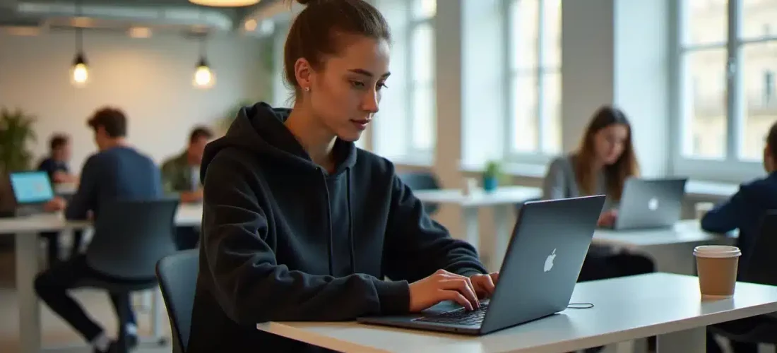 Participante portant un pull Nike Tech avec capuche noir lors d'une session de travail intensif dans un espace de coworking parisien