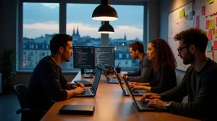 Équipe de développeurs travaillant sur un prototype pure tech lors d'un hackathon parisien, laptops ouverts et code visible sur les écrans
