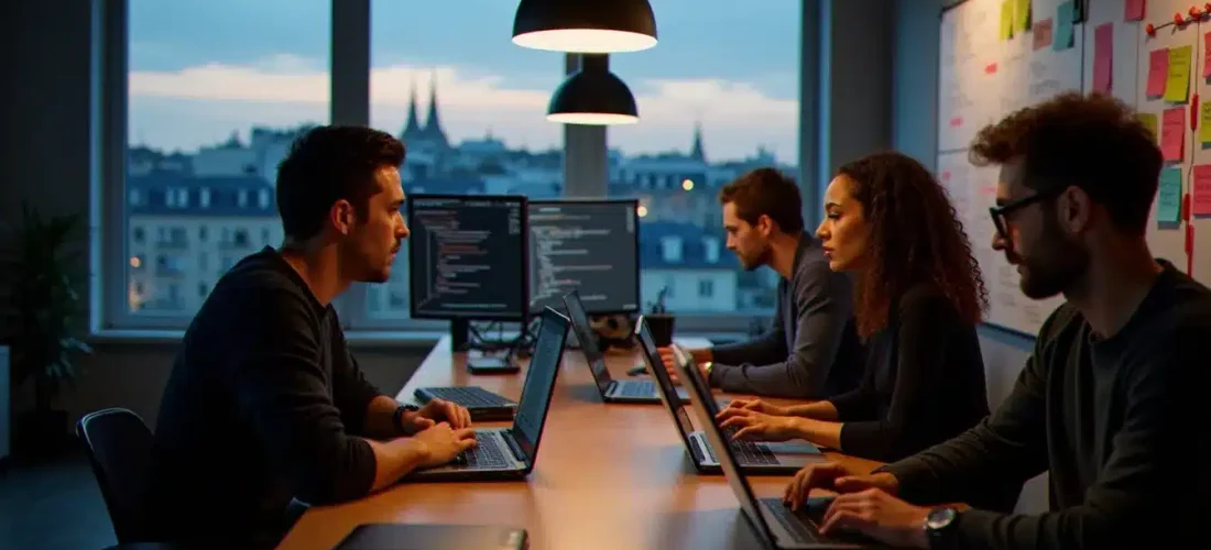 Équipe de développeurs travaillant sur un prototype pure tech lors d'un hackathon parisien, laptops ouverts et code visible sur les écrans