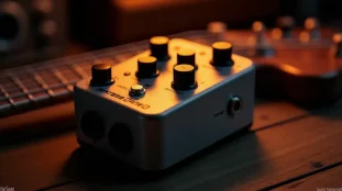 Préampli SansAmp Tech 21 Bass Driver DI posé sur un bureau de studio d'enregistrement avec une basse électrique visible en arrière-plan légèrement flou