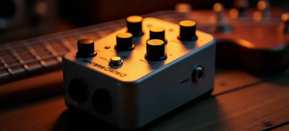 Préampli SansAmp Tech 21 Bass Driver DI posé sur un bureau de studio d'enregistrement avec une basse électrique visible en arrière-plan légèrement flou