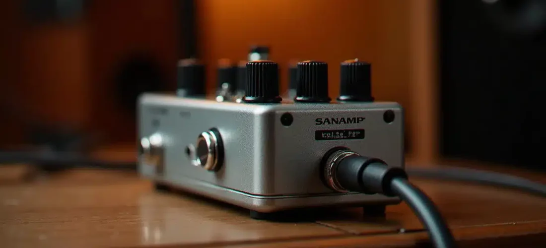 Préampli SansAmp Tech 21 Classic posé sur un bureau de studio avec un câble guitare branché, éclairage chaud de studio professionnel