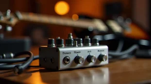 Préampli guitare analogique compact posé sur un bureau de studio, avec câbles et manche de guitare électrique vintage en arrière-plan, illustrant le style SansAmp Tech 21 GT2