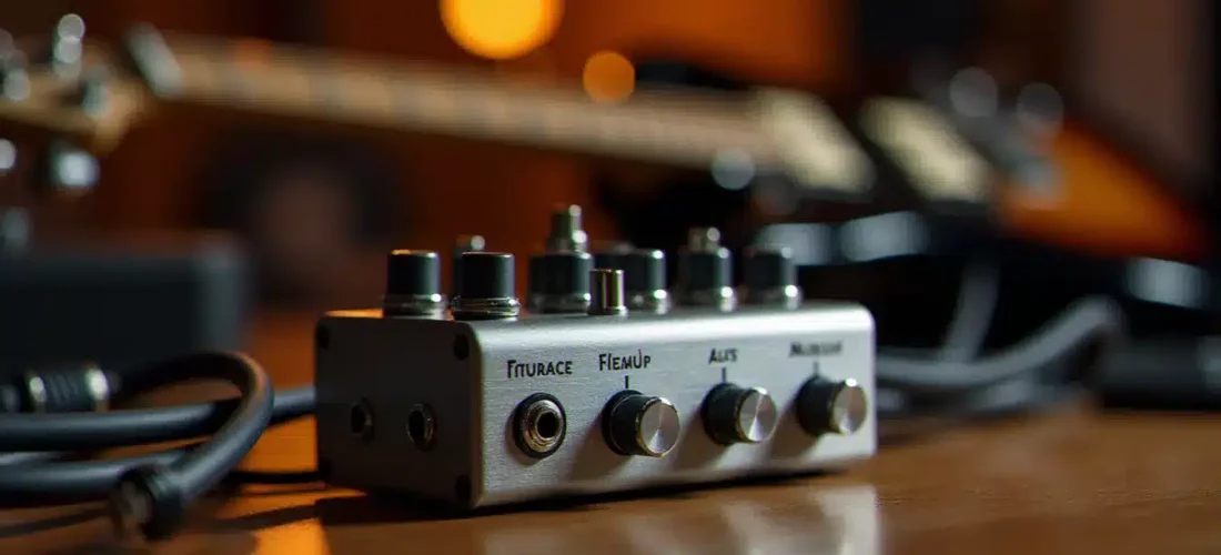 Préampli guitare analogique compact posé sur un bureau de studio, avec câbles et manche de guitare électrique vintage en arrière-plan, illustrant le style SansAmp Tech 21 GT2