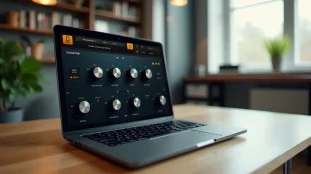 Interface du SansAmp Tech 21 plugin visible sur un écran d'ordinateur portable dans un espace de travail moderne, illustrant l'utilisation du plugin en contexte de prototypage audio