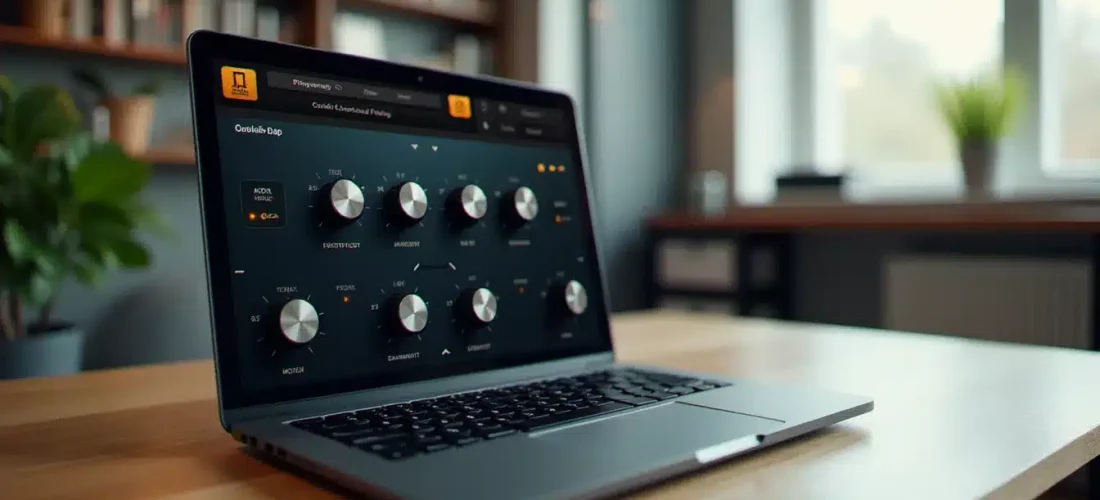 Interface du SansAmp Tech 21 plugin visible sur un écran d'ordinateur portable dans un espace de travail moderne, illustrant l'utilisation du plugin en contexte de prototypage audio