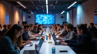 Participants du hackathon Tec Bio Toul working in teams at long tables in a Toulouse venue, laptops and protein models visible