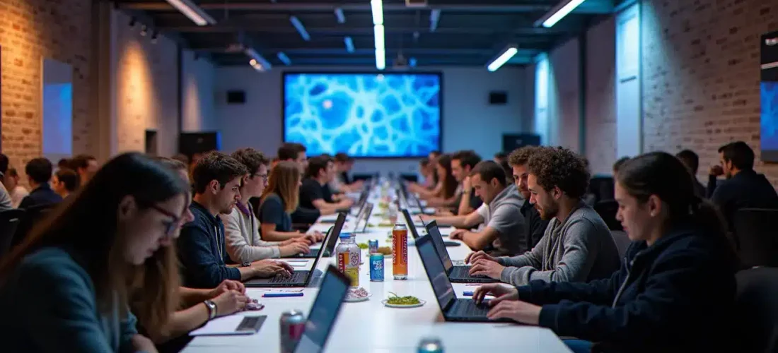 Participants du hackathon Tec Bio Toul working in teams at long tables in a Toulouse venue, laptops and protein models visible