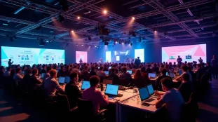 Salle de hackathon tech and fest 2026 avec des centaines de participants travaillant sur leurs projets sous un éclairage coloré avec une scène musicale en arrière-plan