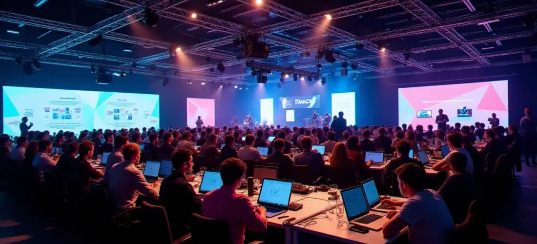 Salle de hackathon tech and fest 2026 avec des centaines de participants travaillant sur leurs projets sous un éclairage coloré avec une scène musicale en arrière-plan