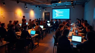 Participants d'un hackathon tech avec Bertrand travaillant en équipe dans un open space parisien le soir