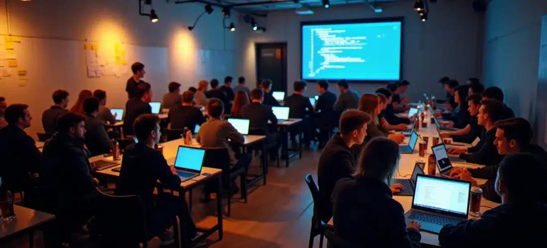 Participants d'un hackathon tech avec Bertrand travaillant en équipe dans un open space parisien le soir