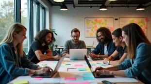 Équipe pluridisciplinaire en pleine session de travail lors d'un hackathon tech, illustrant la comparaison d'outils et la recherche de tech avis en conditions réelles