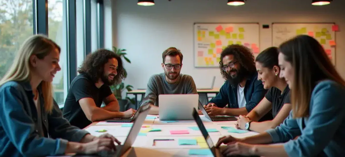 Équipe pluridisciplinaire en pleine session de travail lors d'un hackathon tech, illustrant la comparaison d'outils et la recherche de tech avis en conditions réelles