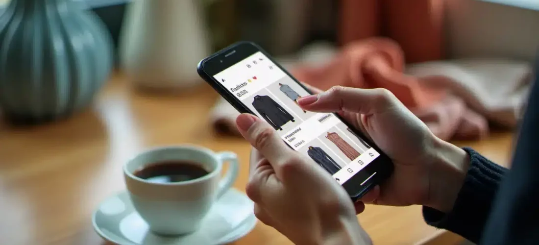 Utilisatrice consultant l'application Vinted sur smartphone pour comparer des articles de mode d'occasion, illustration de l'usage tech avis Vinted au quotidien