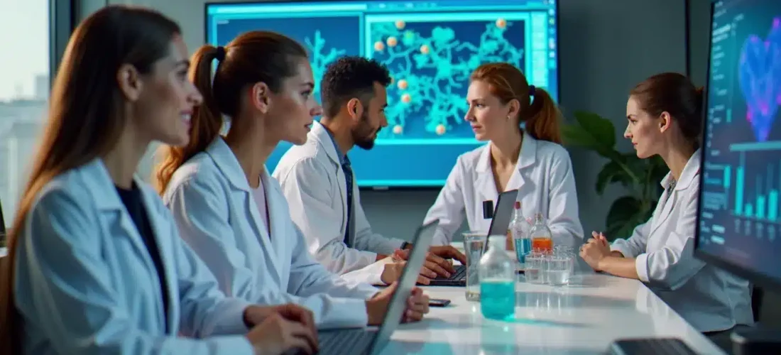 Équipe pluridisciplinaire d'une tech bio company travaillant sur des données biologiques et du code dans un espace de travail moderne à Paris
