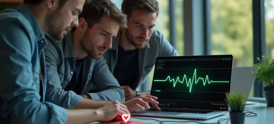 Équipe de jeunes ingénieurs autour d'un prototype de capteur ECG connecté pour un projet de tech biomedical engineering