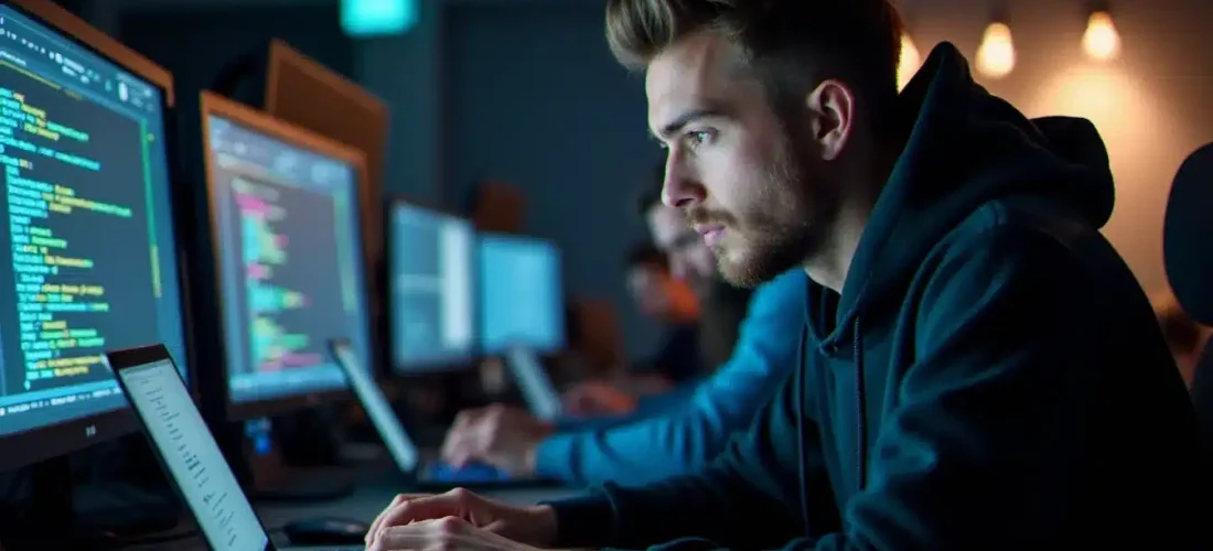 Un développeur tech concentré sur son code lors d'un hackathon, illustrant la posture tech danger mouse en action