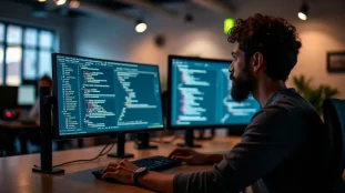Ingénieur consultant un tableau de bord de tech feed buzzard sur deux écrans dans un bureau moderne