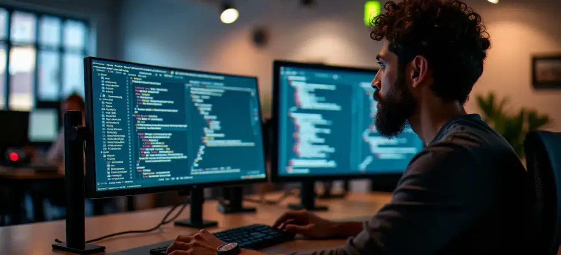 Ingénieur consultant un tableau de bord de tech feed buzzard sur deux écrans dans un bureau moderne