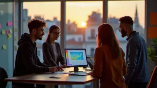Équipe de jeunes développeurs en pleine démo tech dans un espace de coworking parisien, illustrant l'énergie du segment tech France 24