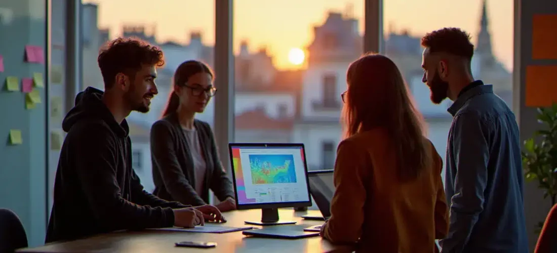 Équipe de jeunes développeurs en pleine démo tech dans un espace de coworking parisien, illustrant l'énergie du segment tech France 24