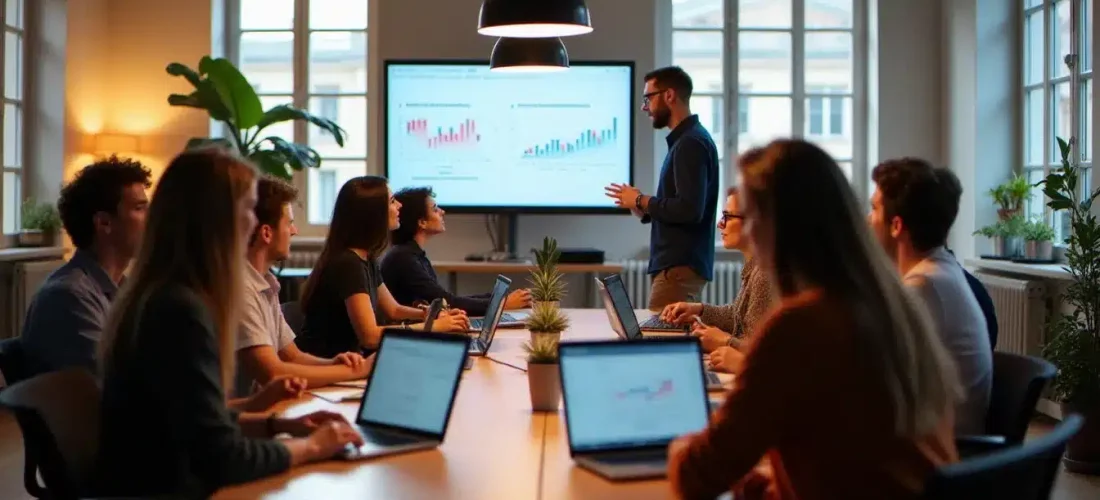 Équipe tech diverse travaillant en collaboration dans un espace moderne parisien, illustrant la dynamique de la tech france