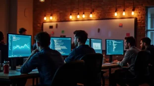 Espace de travail d'un hackathon parisien la nuit, développeurs autour d'écrans affichant des dashboards data et du code, évoquant l'écosystème tech France Nike