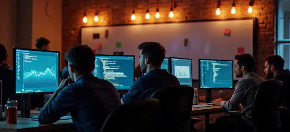 Espace de travail d'un hackathon parisien la nuit, développeurs autour d'écrans affichant des dashboards data et du code, évoquant l'écosystème tech France Nike