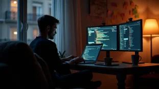Développeur travaillant tard sur le tech guide Alura dans un appartement parisien, code affiché à l'écran et tableau de bord de progression visible