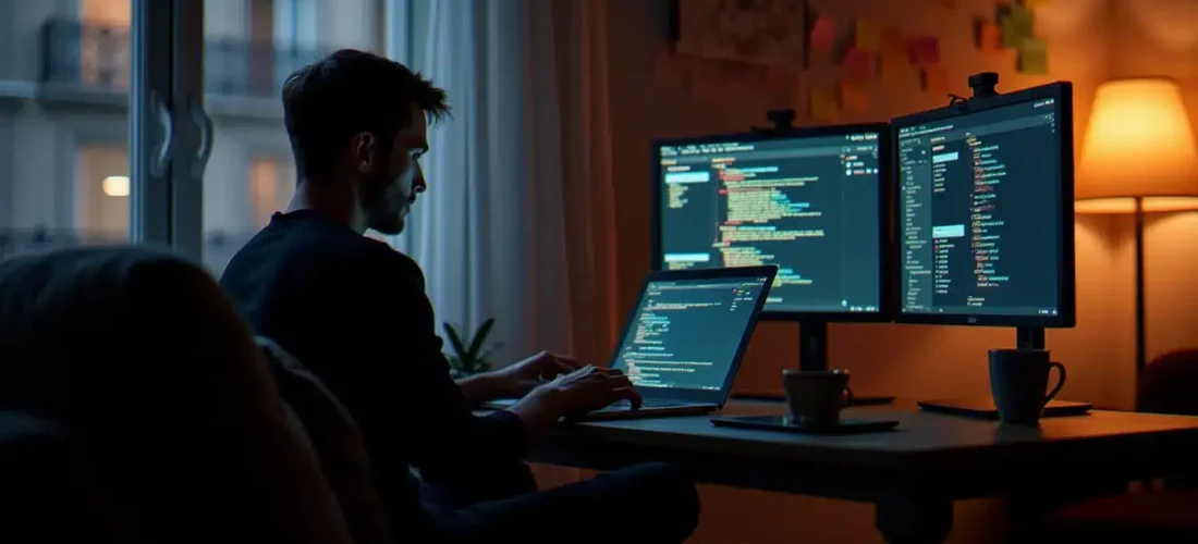 Développeur travaillant tard sur le tech guide Alura dans un appartement parisien, code affiché à l'écran et tableau de bord de progression visible