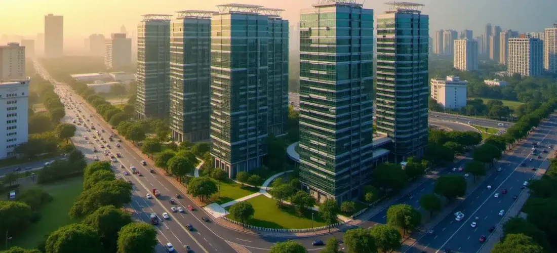 Vue aérienne du parc technologique MIDC à Andheri East, illustrant la densité du tech guide Andheri East avec ses immeubles de bureaux modernes