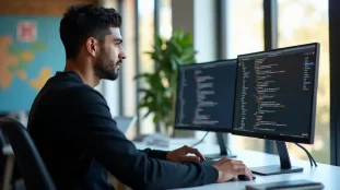 Jeune développeur algérien travaillant sur un guide tech en ligne dans un espace de coworking moderne, illustrant l'usage de Tech Guide DZ