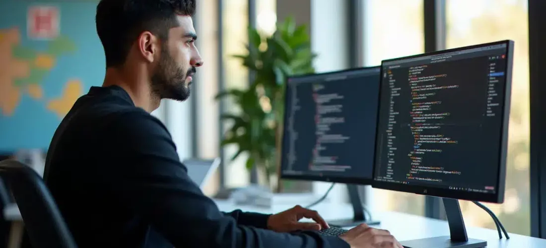 Jeune développeur algérien travaillant sur un guide tech en ligne dans un espace de coworking moderne, illustrant l'usage de Tech Guide DZ