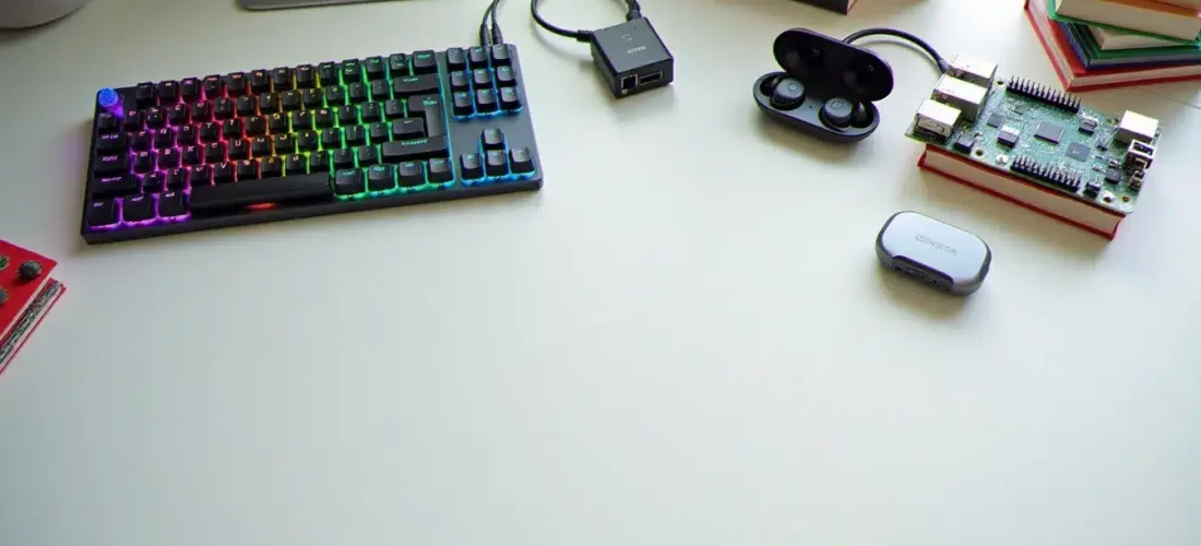 Sélection soignée de cadeaux tech disposés sur un bureau blanc en bois, illustrant un tech guide gift site avec clavier mécanique, écouteurs sans fil, hub USB-C et livres techniques de programmation