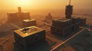 Vue aérienne d'une base militaire futuriste dans Last War avec des bâtiments de recherche technologique interconnectés, illustrant le tech guide Last War