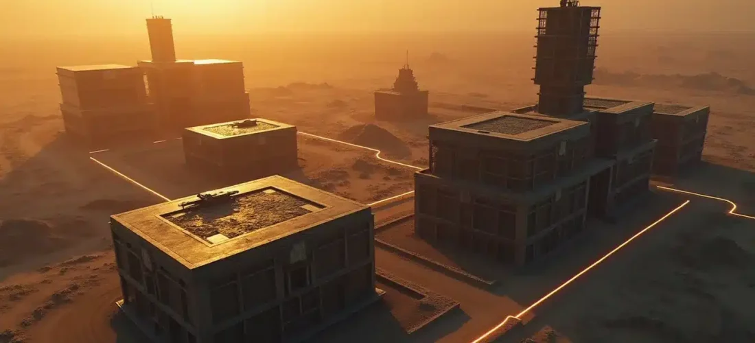 Vue aérienne d'une base militaire futuriste dans Last War avec des bâtiments de recherche technologique interconnectés, illustrant le tech guide Last War