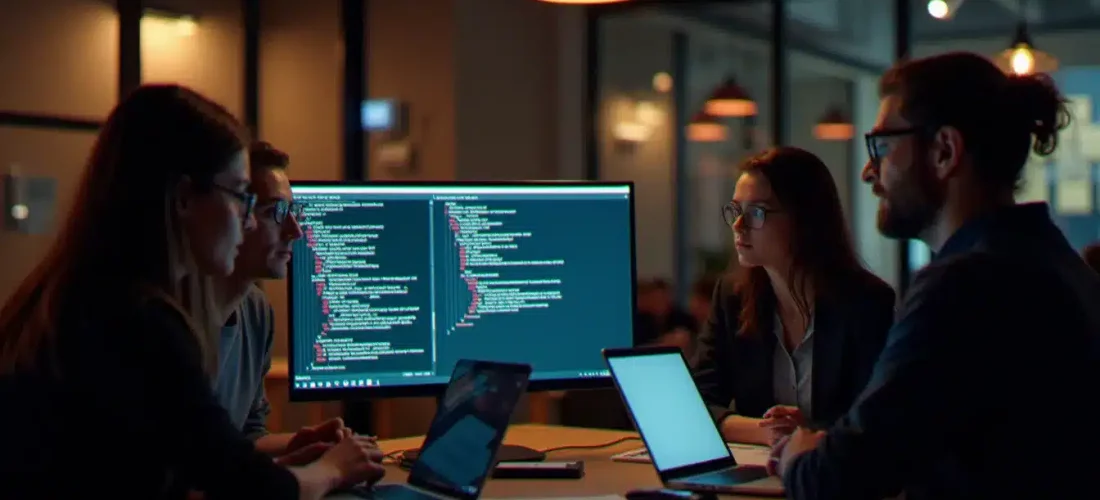 Équipe de développeurs passant en revue la structure d'un dépôt GitHub pour préparer leur tech guide naveen assignment submission lors d'un hackathon parisien