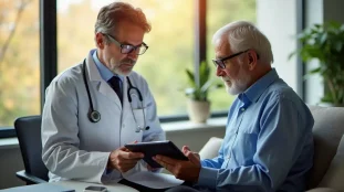 Un neurologue et un patient Parkinson analysant des données de capteurs portables sur tablette, illustration du tech guide Parkinson's en contexte médical réel