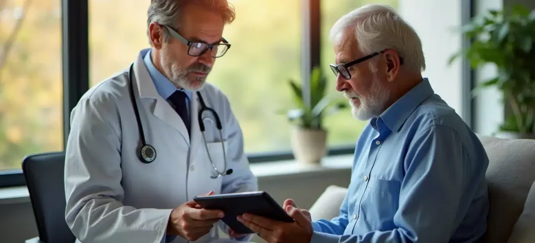 Un neurologue et un patient Parkinson analysant des données de capteurs portables sur tablette, illustration du tech guide Parkinson's en contexte médical réel