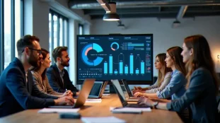 Équipe pluridisciplinaire analysant des tech guide rankings sur grand écran dans un espace de travail moderne parisien