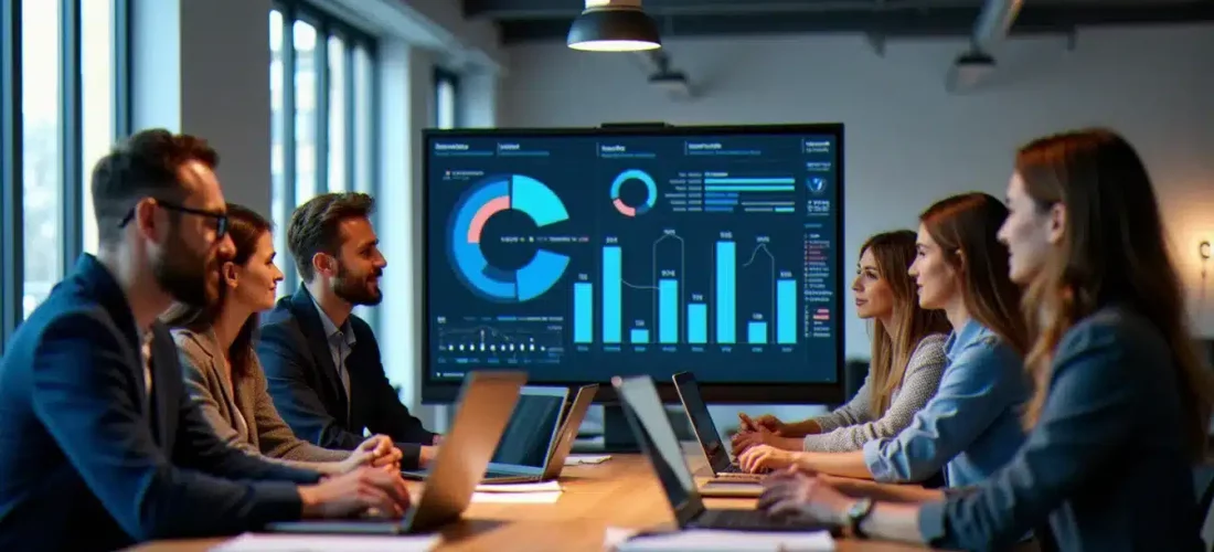Équipe pluridisciplinaire analysant des tech guide rankings sur grand écran dans un espace de travail moderne parisien