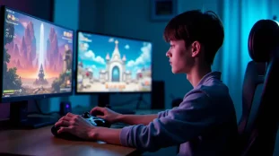 Joueur concentré devant un écran affichant un combat du tech guide Tales of Symphonia sur GameCube, ambiance gaming moderne