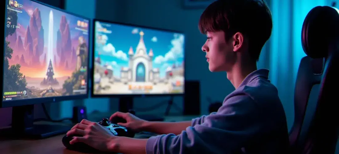 Joueur concentré devant un écran affichant un combat du tech guide Tales of Symphonia sur GameCube, ambiance gaming moderne